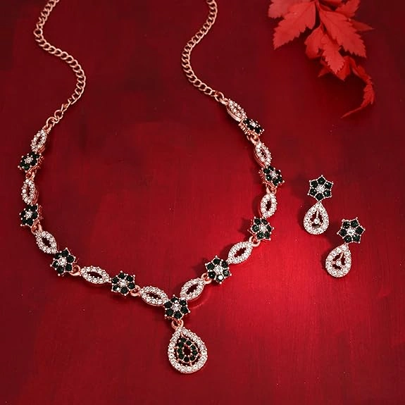 Rosegold Plated Nacklace Set Red colour stone